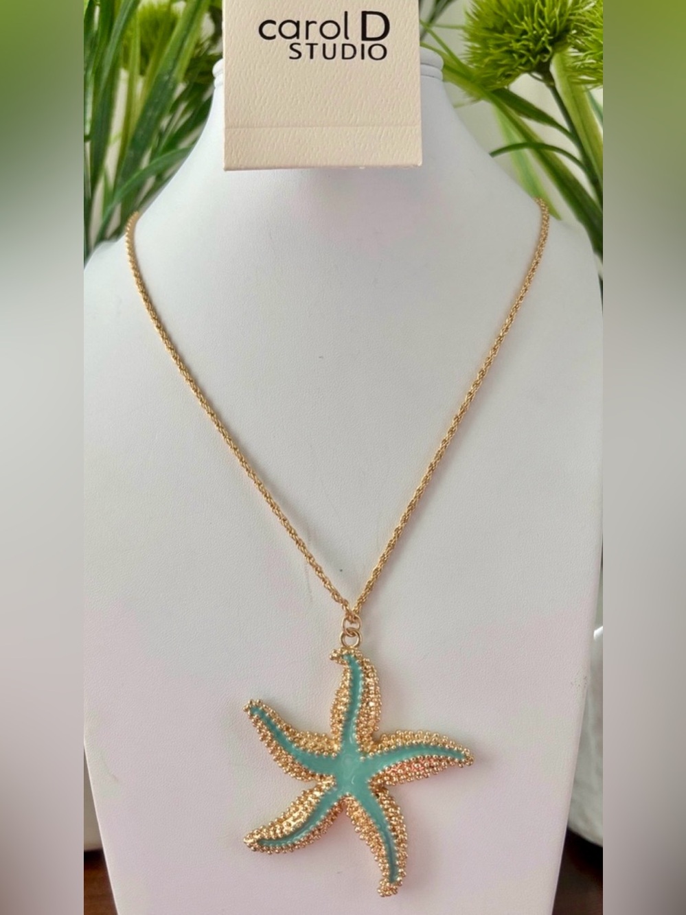 Carol D Studio Starfish pendant,enamel turquoise & Gold-tone, summer,long